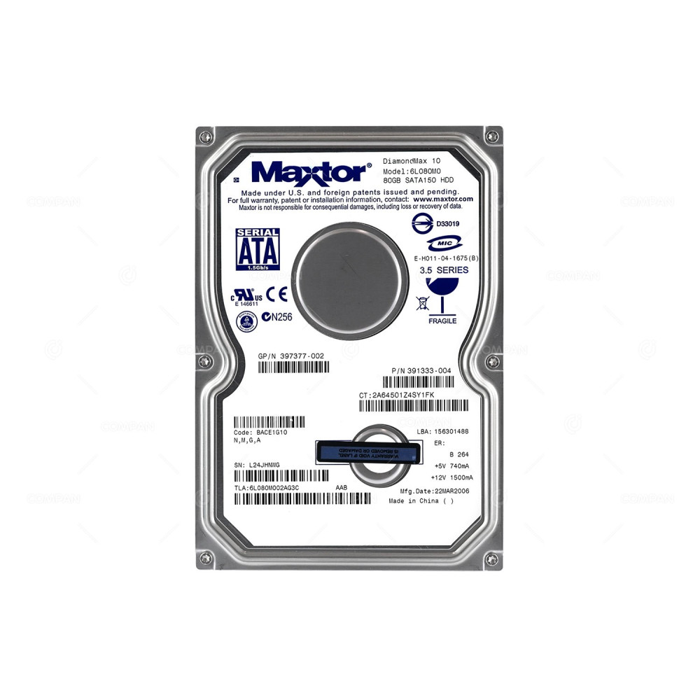 391333-004 HP 80GB 7.2K 1.5G SATA 3.5 LFF 397377-002